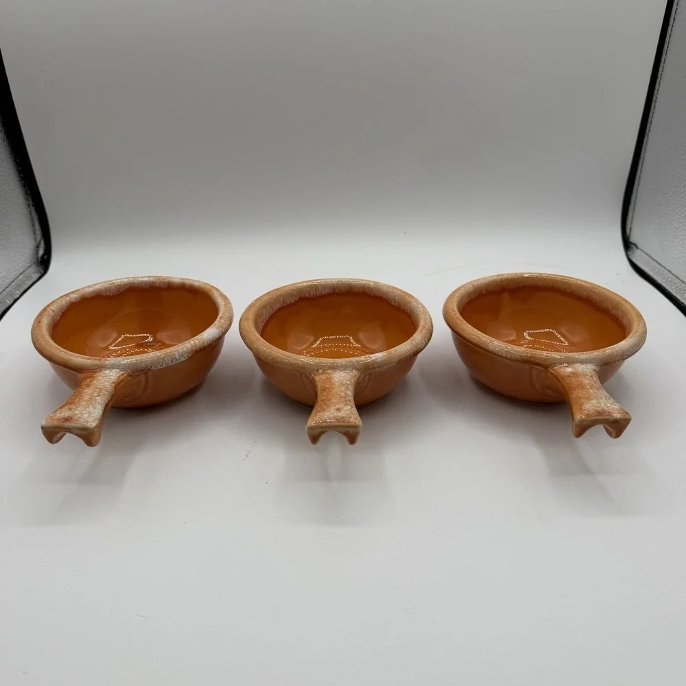 Vintage Set of 3 Hull Orange Tangerine Drip Glazed Chili Soup Bowls w/Handle USA